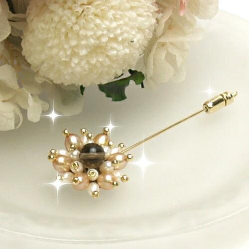 スモーキークォーツ ゴールドパール ハットピン 淡水パール 真珠 帽子飾り スモーキークオーツ ブロ...