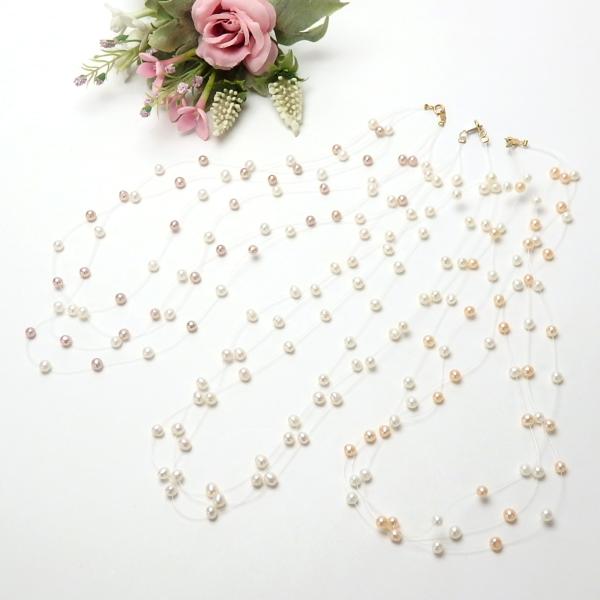 インビジブル パール ネックレス カラー 淡水パール テグス 3連 K18金具 淡水真珠 真珠 上質...