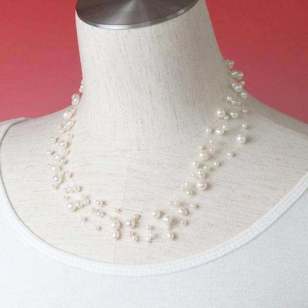 インビジブル パール ネックレス ホワイト 4連 K14金具 淡水パール テグス 淡水真珠 真珠 ス...