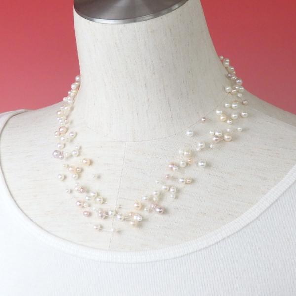 インビジブル パール ネックレス ミックスカラー 淡水パール テグス 5連 K18金具 淡水真珠 真...