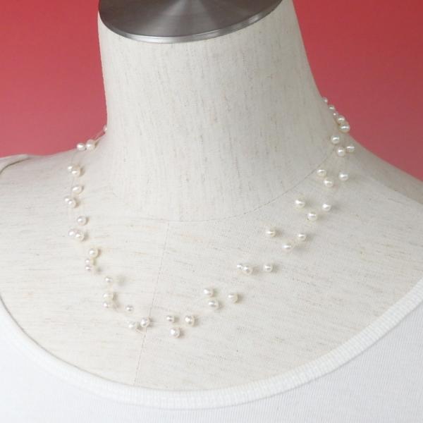 メール便 インビジブル パール ネックレス 淡水パール テグス 3連 淡水真珠 真珠 シルバー金具 ...