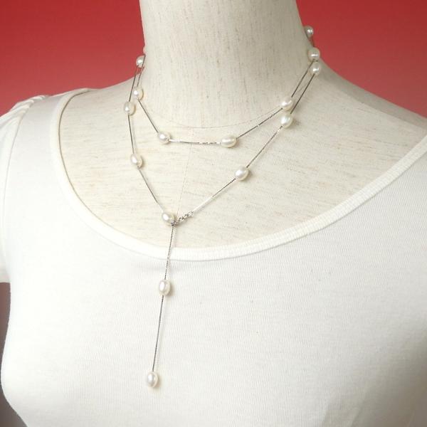 ネックレス パール シルバーチェーン ロングネックレス ステーション 90cm 淡水パール 淡水真珠...
