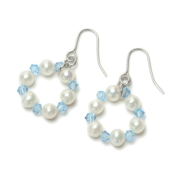 メール便 ピアス イヤリング ブルースワロフスキー サークル 淡水真珠 フックピアス ブルークリスタ...