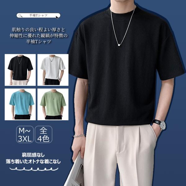 Tシャツ 半袖 メンズ ポリエステル リブ編み 薄手 涼しい 黒 白 おすすめ 吸汗速乾 夏服 おし...