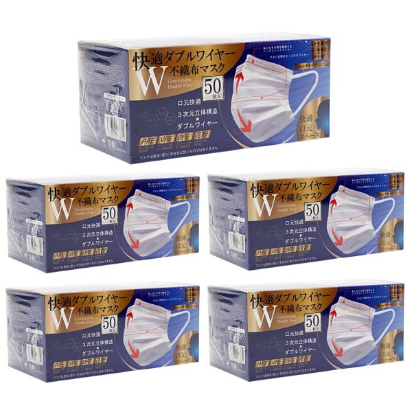ヒロコーポレーション 快適ダブルワイヤー不織布マスク 50枚入×5個（合計250枚入り） ふつうサイ...