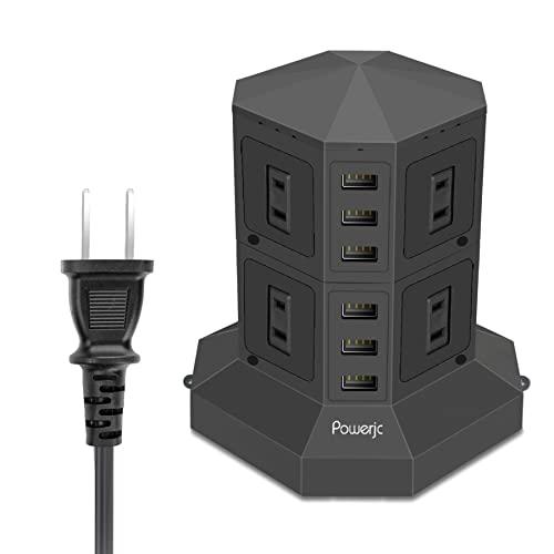 Powerjcタワー式電源タップ 縦コンセント 8AC充電口雷ガード 過負荷保護 省エネ 延長コード...