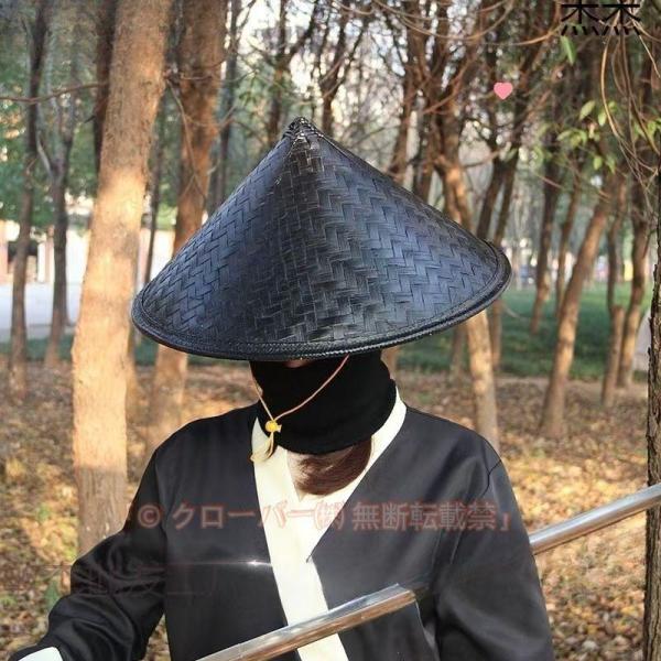 帽子 竹笠 黒い笠 侍 笠 武士 あご紐付き ピークル 陣笠 日差しを遮る 涼しい 浪人笠 日よけ傘...