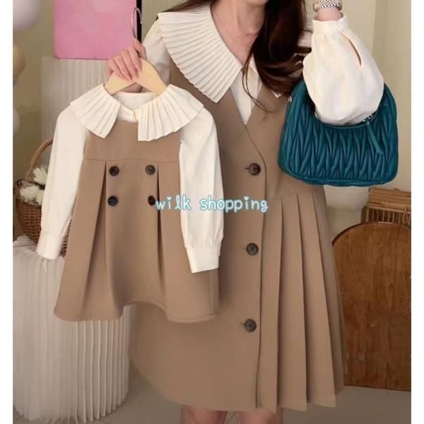 ママとおそろい 親子ペア 韓国子供服 ワンピース 長袖 コットン Aライン 切り替え 無地 幼稚園 ...