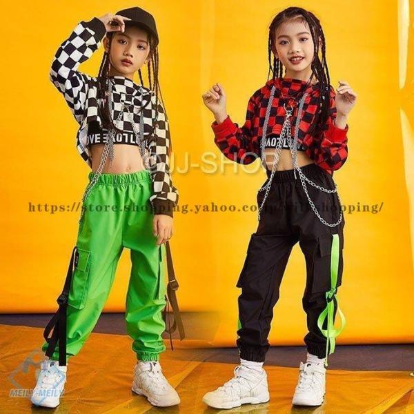 チェック柄 パーカー 長袖 ジャズダンス衣装 タンクトップ キッズ ダンス衣装 パンツ ヒップホップ...