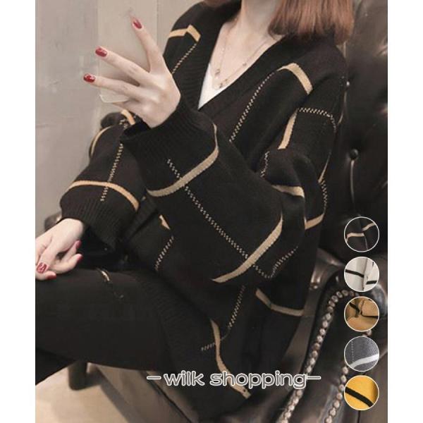 ニットカーディガン チェック柄秋冬