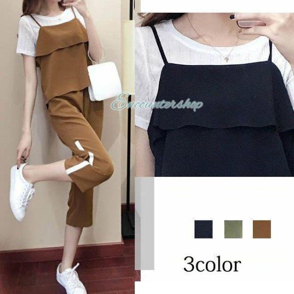 3点セット セットアップ キャミソール パンツ 配色 後開き 無地 半袖 夏Tシャツ レディース ト...