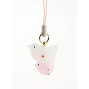 （送料無料）小鳥の手づくり和硝子のスマホ携帯ストラップ 根付 開運 縁起物 ラッキーバードストラップ ピンク