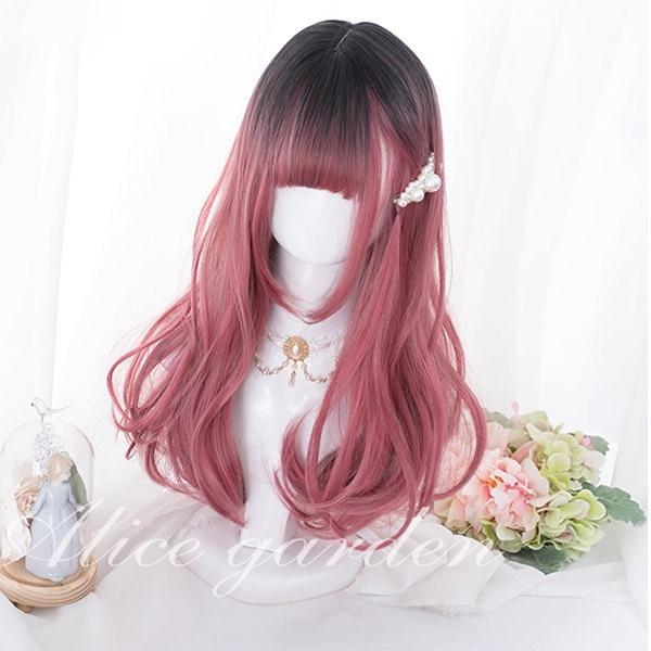 ウィッグ lolita レッド グラデーション メッシュ 原宿風 かつら おしゃれ 巻き毛 ウェーブ...