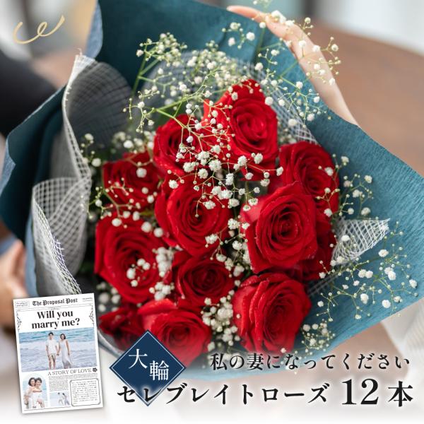 バラの花束 12本 プロポーズ新聞付き 大輪セレブレイトローズ あなたに出会えた喜び 生花 フラワー...