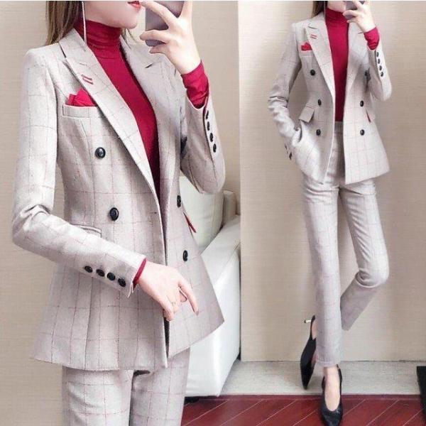 【特価】パンツスーツ レディース リクルートスーツ チェック柄 20代30代40代 セレモニー 2点...