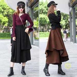 スカーチョ 秋冬 厚い ワイドパンツ ガウチョパンツ レディース ボトムス スカンツ スカートパンツ ウエストゴム 八分丈 九分丈 ズボン スカート風