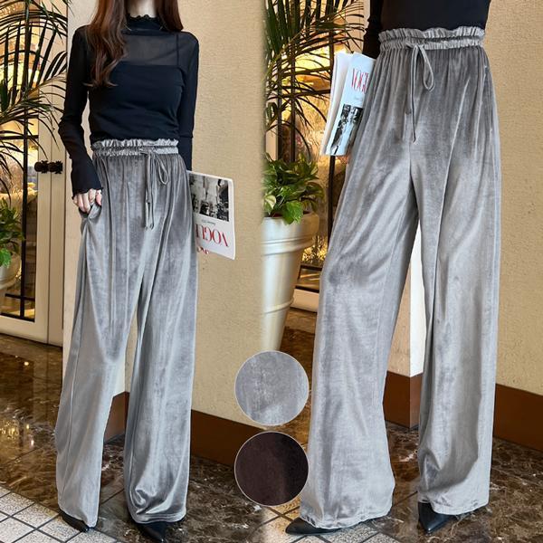 パンツ ベロアパンツ 光沢 紐付き調整OK ウエストゴム ポケット付き ベルベット シャイニー 落ち...