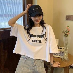 半袖レディースTシャツショート丈短い肌見せ五分丈袖ゆったりサマーTシャツカットソー夏女性クルーネック夏Tシャツ丸首