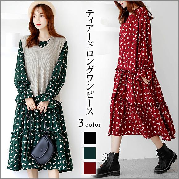 レディース ワンピース ロングワンピース 花柄 長袖 フラワー シフォン ミモレ丈 おしゃれ 大人 ...