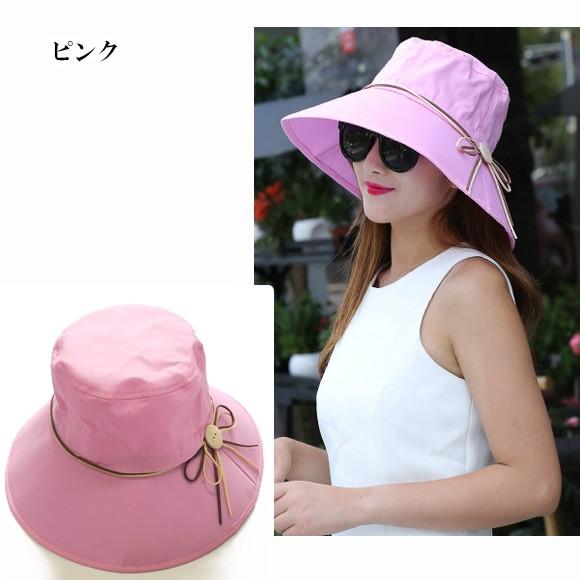 帽子 つば広ハット レディース UVカット ボタン使いリボン 大きめつば付き mz2805