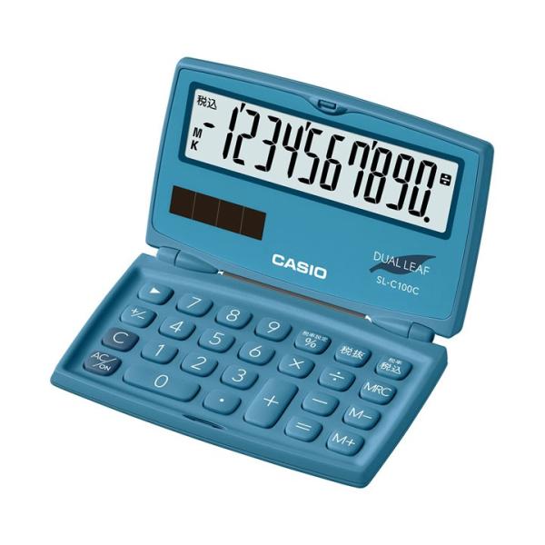 カシオ計算機　カラフル電卓　10桁　SL-C100C-BU-N　レイクブルー　折りたたみ手帳タイプ　