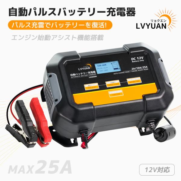 LVYUAN バッテリー充電器 25A 12Vバッテリー専用 パルス充電全自動充電 始動アシストモー...