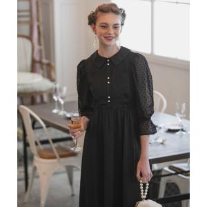 ドレス 【BONLECILL noir】 シアードット切替 パールボタン ヘムフリルサテンドレスの商品画像