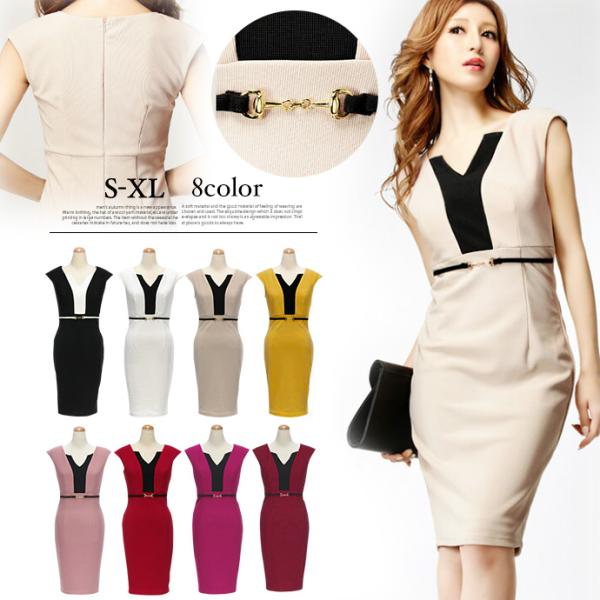 値下げ ドレス ワンピース キャバ キャバドレス Vネック フレンチチスリーブ バイカラー 膝丈 ペ...