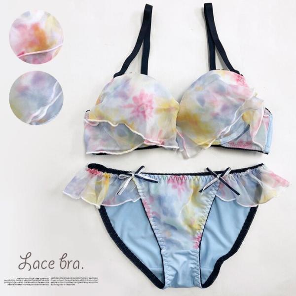 ブラジャー ブラショー 盛りブラ 盛り 谷間 ショーツ セット レース リボン 花柄 ピンク ブルー...