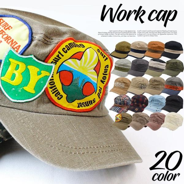 ワーク キャップ 帽子 ライン 無地 ワッペン プリント チェック ストライプ ファー 仕事 フリー...