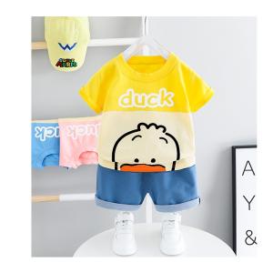 アヒル 動物 アニマル カラフル 子供 キッズ 二点セット おしゃれ シンプル Tシャツ ジーパン デニム  男の子 BOY 1歳 ２歳 キャラクター 半ズボン 半袖｜shoukouyafuushop