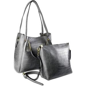 グレー クロコダイル風レザーハンドバッグ