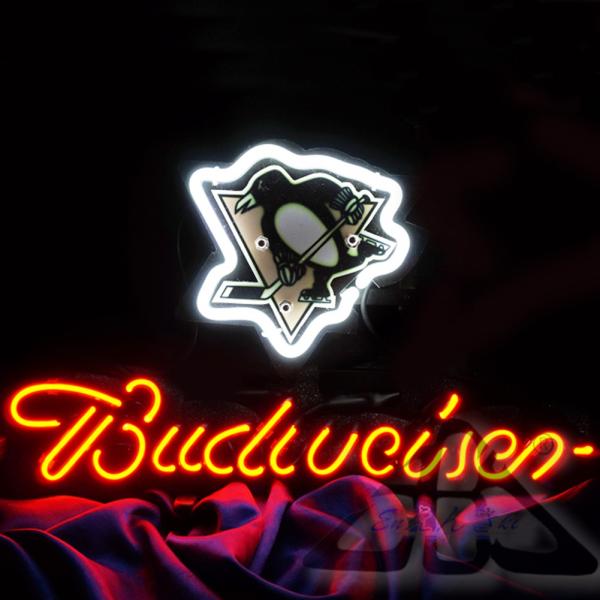 ネオンサイン ペンギンホッケーロゴ×Budweiser NHL風 アメリカンスポーツ照明 ガレージバ...