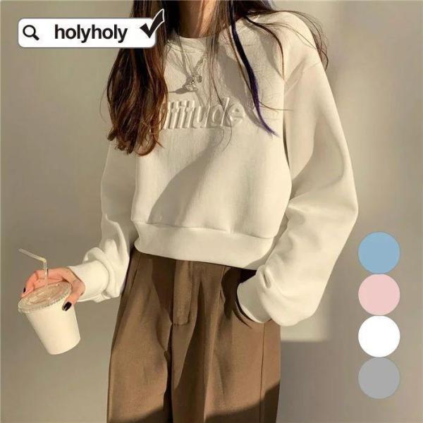 ★4COLOR★エンボスロゴ x クロップド丈 長袖 トレーナー★カットソー 長袖 トレーナー スウ...