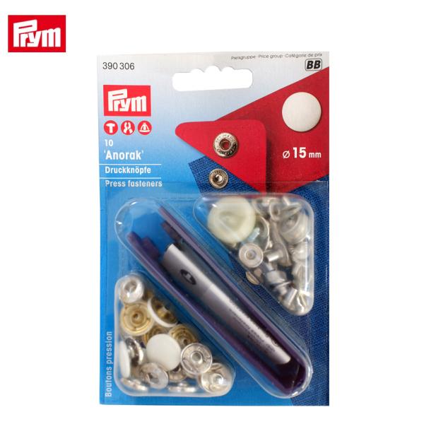 Prym プリム 脱着しやすい アノラックスナップ 15mm WH ホワイト 10組 取付けコマ付き...