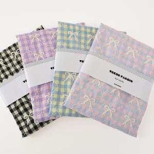 生地 布 カラフルチェックリボン刺繍 130×50cm カットクロス | 布地 はぎれ カット布 チェック柄 リボン柄 かわいい