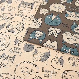 Doodle Animal Cats face 綿麻キャンバス 50cm単位 | 切売り 切り売り 生地 布 布地 かわいい ねこ 猫 ネッコ