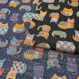 昔ぐらし 金猫絣 ムラ糸クロス 50cm単位 | 切売り 切り売り 生地 布 布地 コットン100％ むら糸 ねこ ネコ