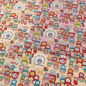 生地 布 ネコリョーシカ コットンキャンバス 50cm単位 | 切売り 切り売り 布地 かわいい 猫柄 ねこ ネコ