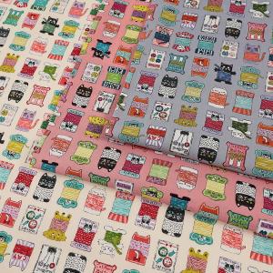 生地 布 にゃんともかわいいSEWING 猫柄の糸巻き シーチング 50cm単位 | 切売り 切り売り 布地 ねこ 猫 ネコ かわいい