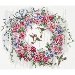 輸入 刺繍キット LETISTITCH Hummingbird Wreath ハミングバードノリース   LETI 990 はちどり フラワーリース 薔薇 バラ