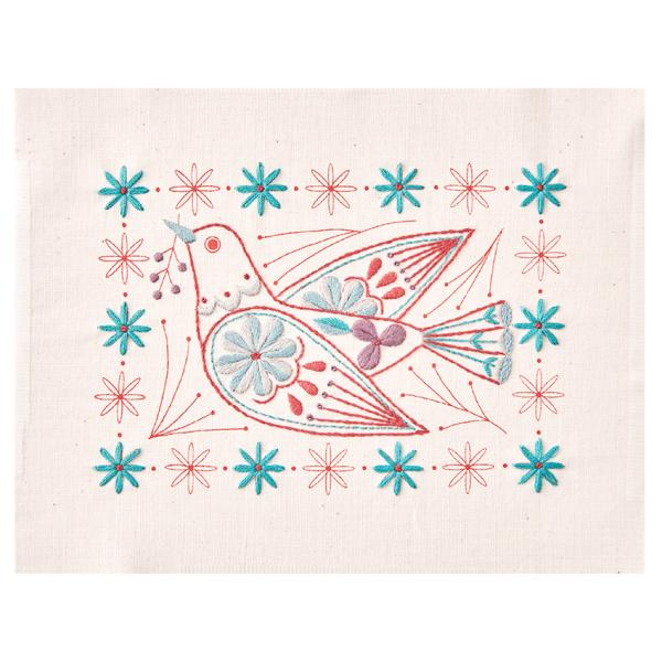 コスモ マカベアリス 刺しゅうを楽しむ プリントクロス はとと植物の模様 アイボリー 刺繍糸7色セッ...