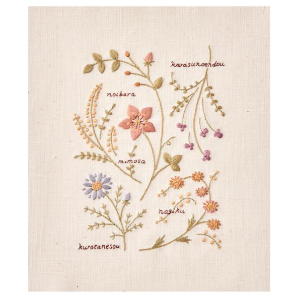 コスモ アトリエ ド ノラ 刺しゅうを楽しむ プリントクロス 小さな花図鑑 アイボリー 刺繍糸7色セ...