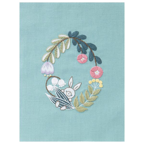 コスモ コハナ 刺しゅうを楽しむ プリントクロス うさぎとお花のリース ターコイズグリーン 刺繍糸7...