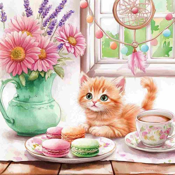 ダイヤモンドアート キット 四角ビーズ 子猫とマカロン ABビーズ スクエア ダイアモンドアート ダ...