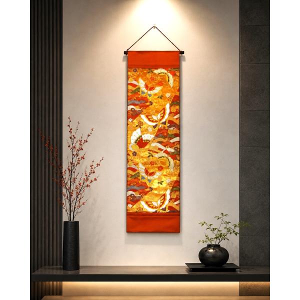 【(16)2476】和柄タペストリー・31×105.5cm/立波花蝶文/帯リメイク/日本製