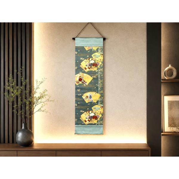 【(16)2482】和柄タペストリー・31×107cm/扇面花草文/帯リメイク/日本製