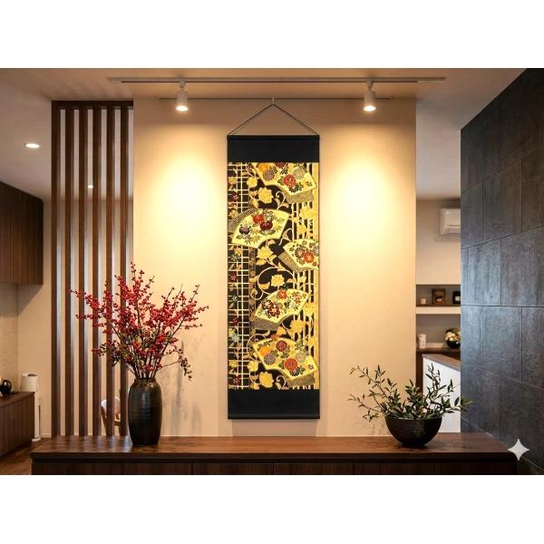 【(16)2485】和柄タペストリー・30.5×97cm/扇面花草文/帯リメイク/日本製