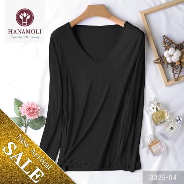 【HANAMOLI価格据え置き】【ブラック新入荷】シルクVネック長袖インナー【3325】シルク100...