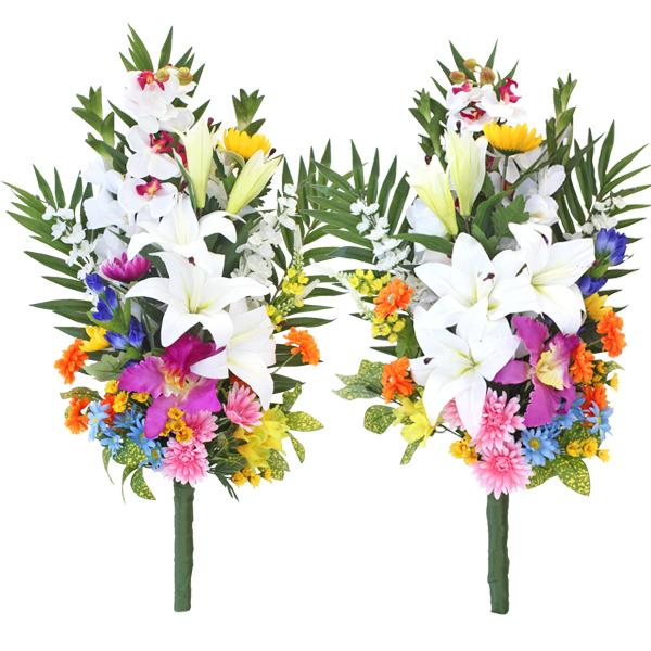 造花 仏花 カサブランカやカトレアの仏様の大きめな花束一対 お墓用 CT触媒 お盆 お供え btb
